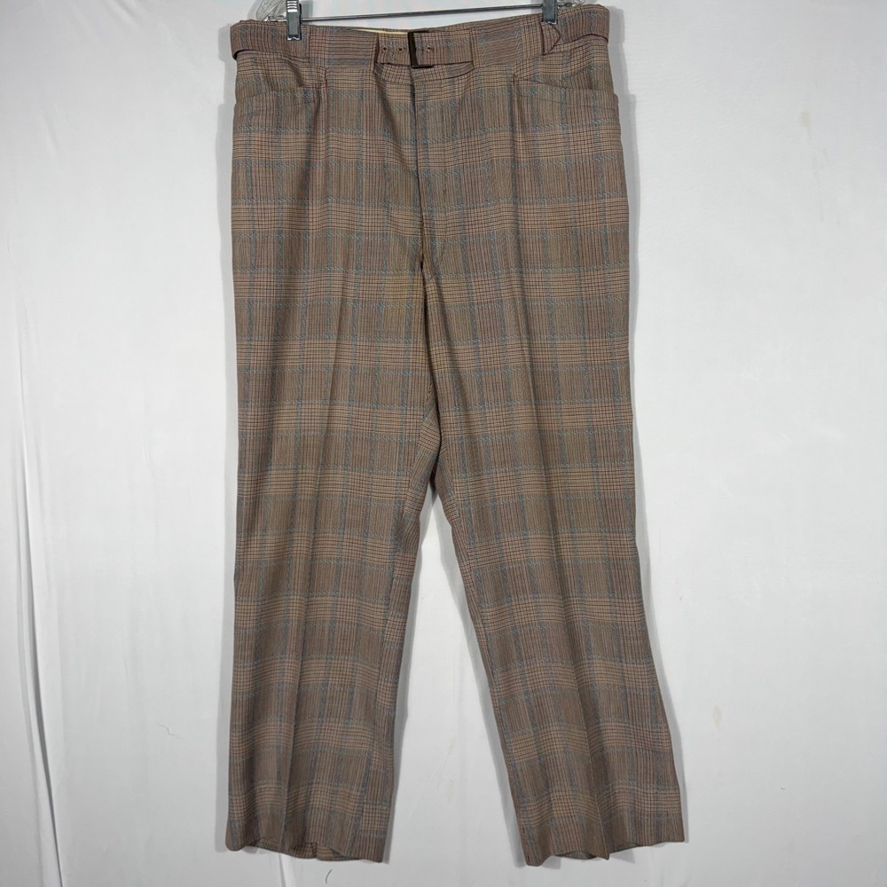 Vtg 70s Plaid Dress Pants Mens 38x30 Brown Blue Glen Check Trousers Slacks Retro